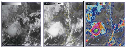 图4 卫星可见光(左),红外线(中)与红外线色调强化(右)云图