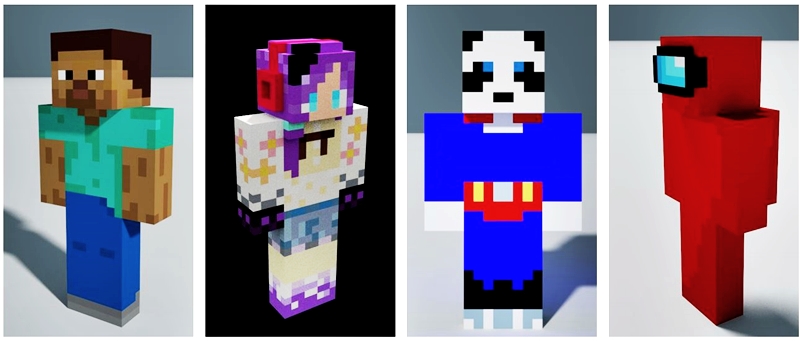 圖4. 第二堂課學生設計「Minecraft」遊戲中的「Steve」(左一),以及其他創意作品