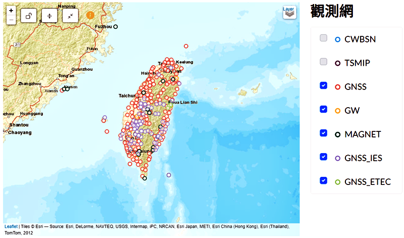 圖5. 新GDMS現階段提供臺灣地球物理觀測網TGNS資料的測站分布