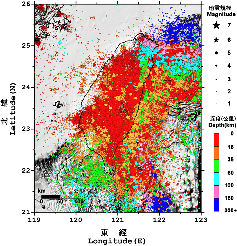圖6. 臺灣地震目錄收藏1991年至2021年的地震分布
