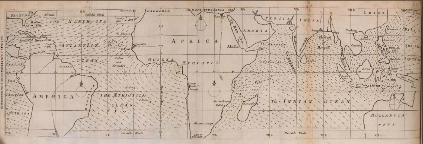 圖3. 哈雷於1686年繪製的貿易風與季風圖。