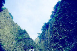 圖三　火炎山礫石層被大雨沖刷後，礫石層被切割高聳的V 形谷。 