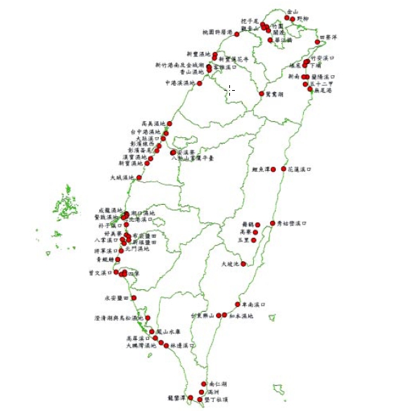 圖一.臺灣著名的侯鳥觀賞地點(池文傑繪製)