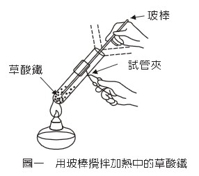 圖一 用玻棒攪拌加熱中的草酸鐵
