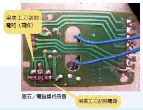 圖四 事售打氣機上的橡皮上也有兩個利用塑膠薄片(綠色部分)做成單向閥