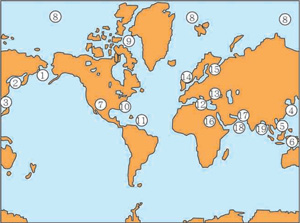 圖一 / 全球海洋與附屬海分布位置﹙陳玉嵐繪）。